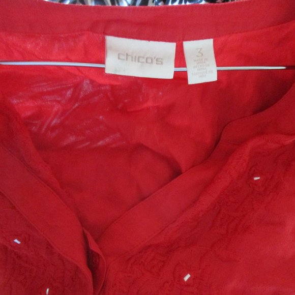 Chicos 3 XL top blouse tunic button front red embroidered tie front artsy - Picture 3 of 3